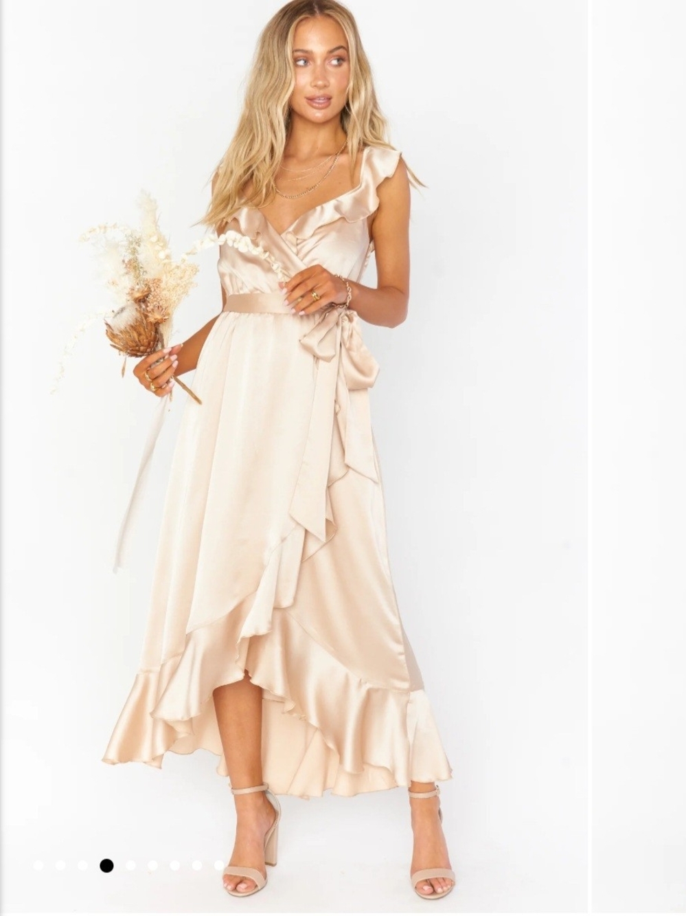Show Me Your Mumu Samantha Ruffle Wrap Dress Women's 1X Beige Bridesmaid Satin